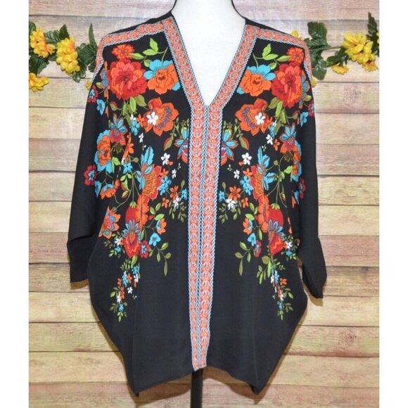 Boho Rose + Olive Ladies S Floral Oversized Blouse Top Colorful Dolman Sleeve - Picture 1 of 10
